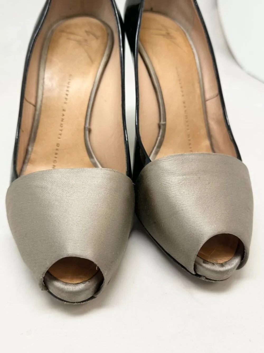 Giuseppe Zanotti Black Patent Leather Silver Peep Toe Heels Size 6.5